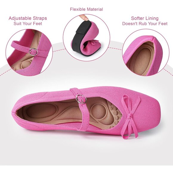Women Pink Fabric Upper And Rubber Sole Casual Ballet Flats With Ankle Strap - Picture 3 of 6